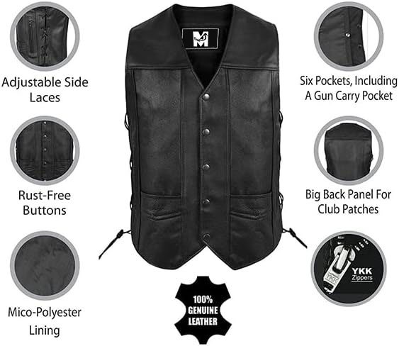 Leather Motorcycle Vest for Men with Concealed Carry Gun Pocket, Black ...